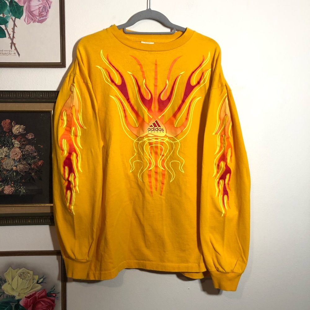 Vtg Adidas Soccer Long Sleeve Fire Flames Top